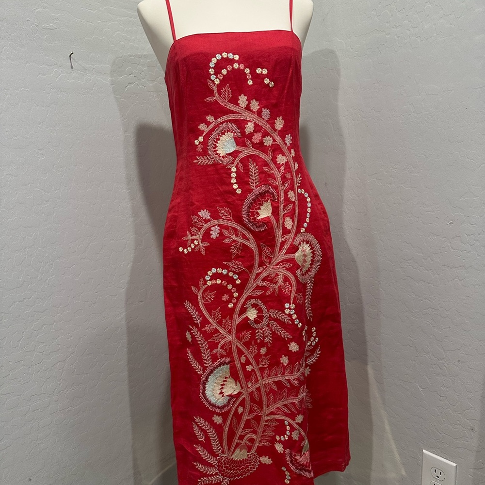 French Connection deep coral Midi Dress with pink and‎ White Embroidery